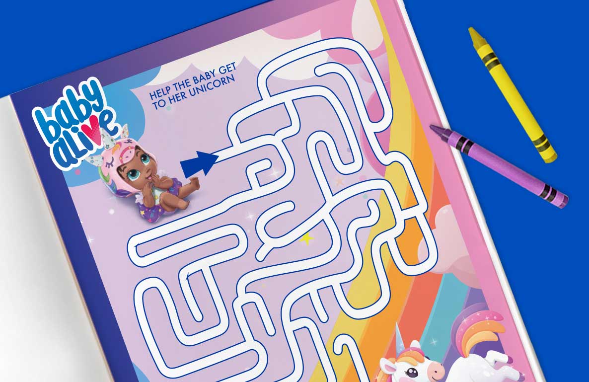 Baby Alive maze activity page with illustrated unicorn character, colorful rainbow gradient border, and yellow and pink crayons on bright blue background