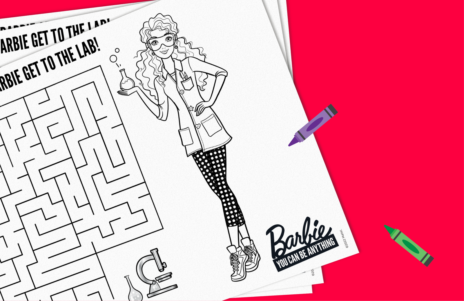Barbie STEAM activity packet with maze puzzle, scientist character illustration, and crayons on pink background