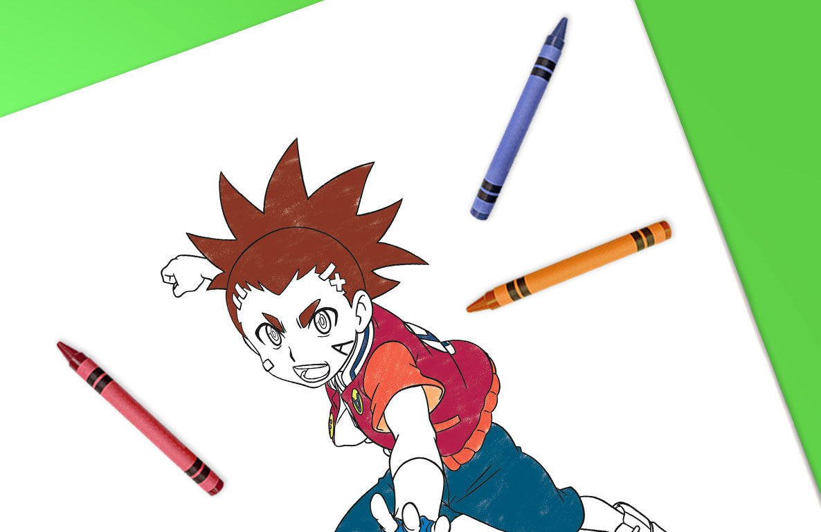 Beyblade character with spiky red hair wearing red and blue outfit surrounded by colored crayons on white background with green border