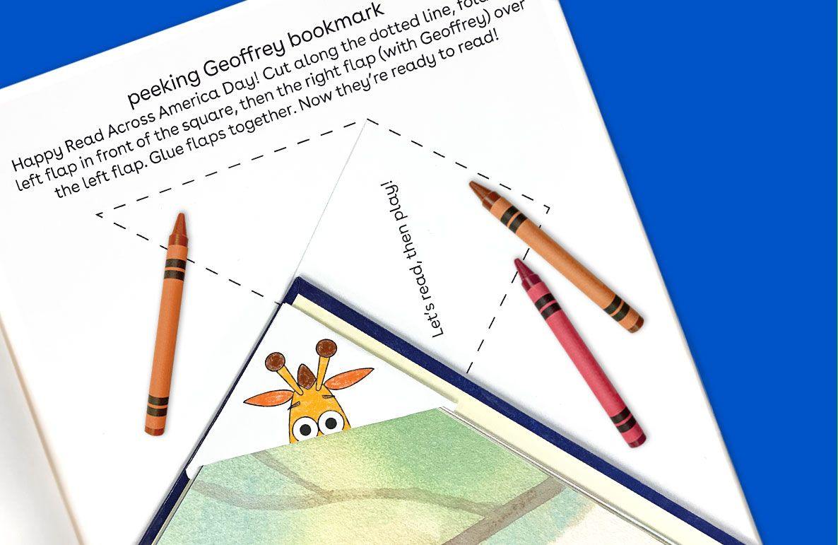 Happy Read Across America Day! Cut along the dotted line, fold over the left flap in front of the square, then the right flap (with Geoffrey) over together. Now