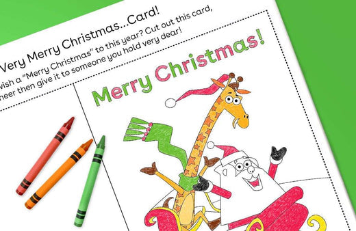 Printable Christmas coloring card with cartoon giraffe and Santa character, crayons, and "Merry Christmas" text