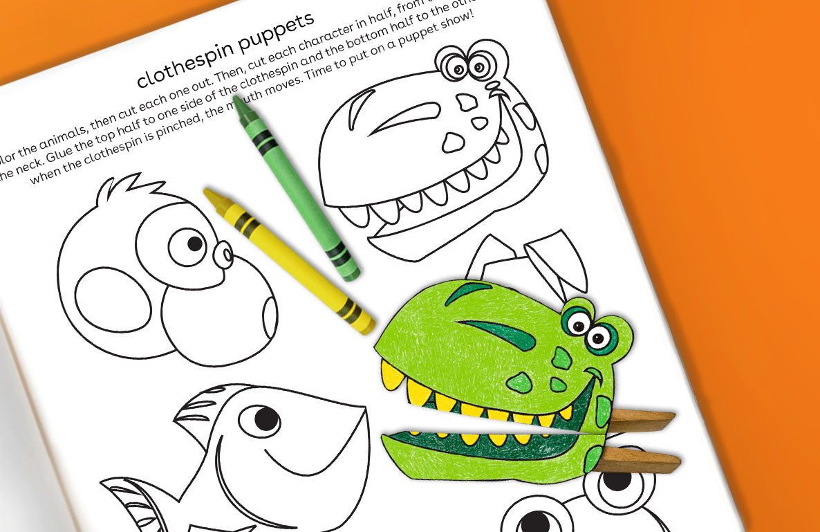 Clothespin puppets craft activity page showing line-drawn animal characters and one colored green dinosaur puppet with crayons