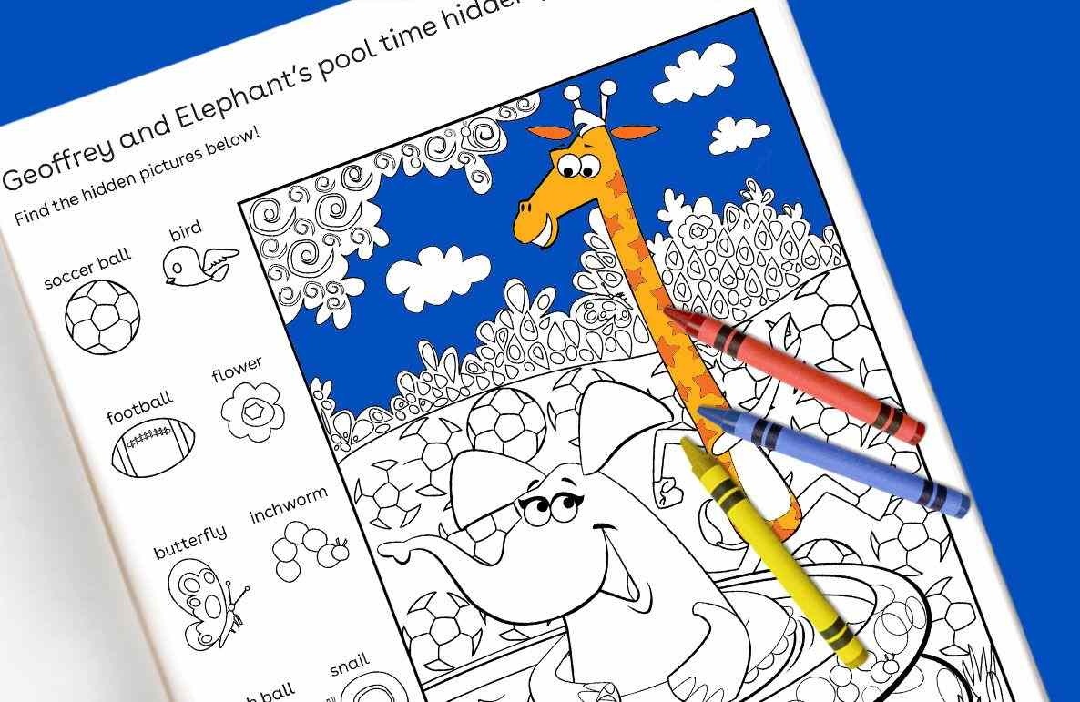 Geoffrey and Elephant's pool time hidden picture activity page with a colored giraffe and elephant illustration and a list of items to find including soccer bal