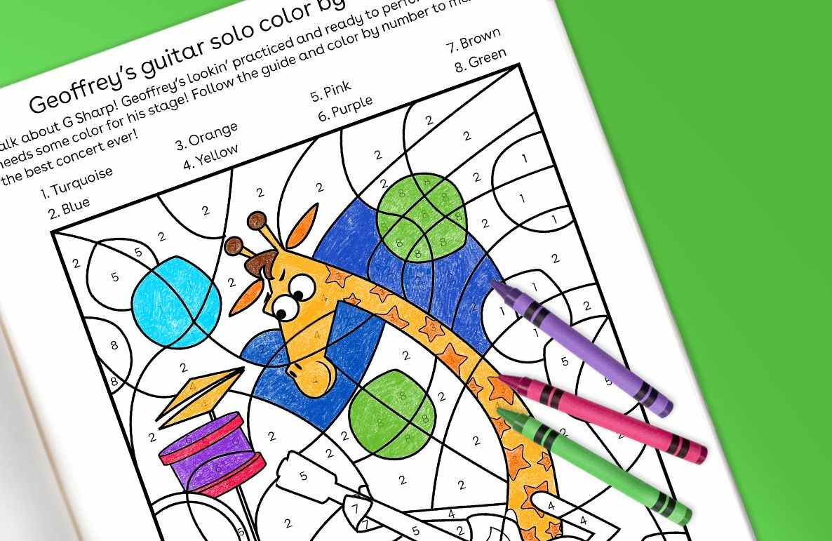 Geoffrey's guitar solo color by numbers activity page with numbered sections and color key, partially colored with crayons