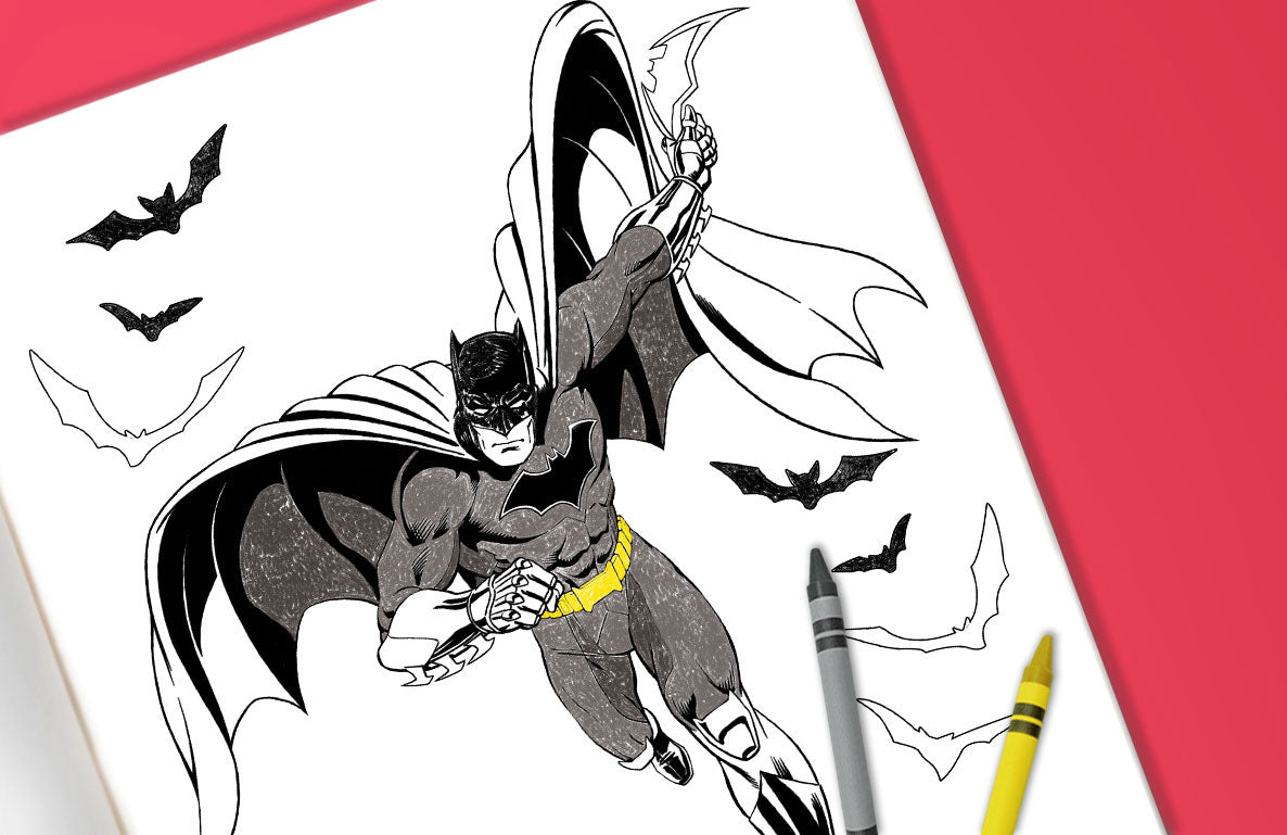 Batman coloring page with line drawing of Batman in cape and cowl, yellow belt, surrounded by bat silhouettes, partially colored with crayons