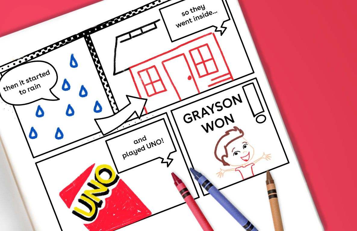 Comic strip activity page with hand-drawn panels showing a rainy day story, UNO game, and character named Grayson Won, with colored crayons and markers for crea