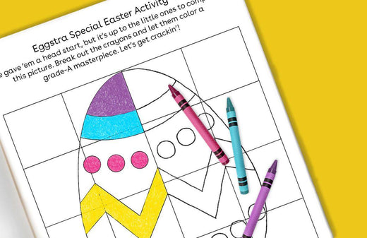Eggstra Special Easter Activity printable worksheet with colorful Easter egg design and crayons on yellow background