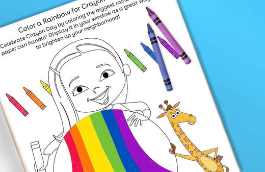 Coloring page with child drawing a rainbow, colored crayons, and giraffe illustration