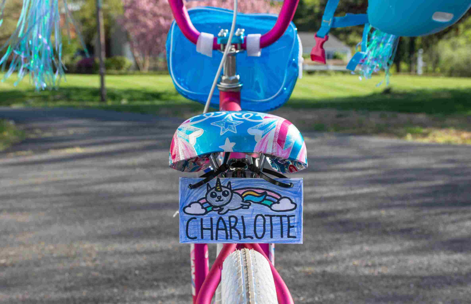 Child's bike decorated with blue and pink handlebar streamers, star-patterned seat, and personalized name plate reading 'CHARLOTTE' with a rainbow unicorn desig