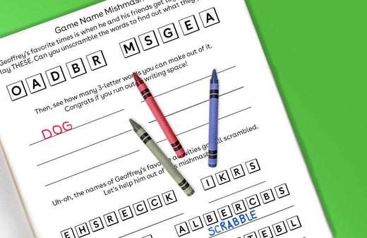 Printable game worksheet titled "Game Name Mishmash" with scrambled letter tiles spelling out game names, colored markers, and fill-in-the-blank lines for answe