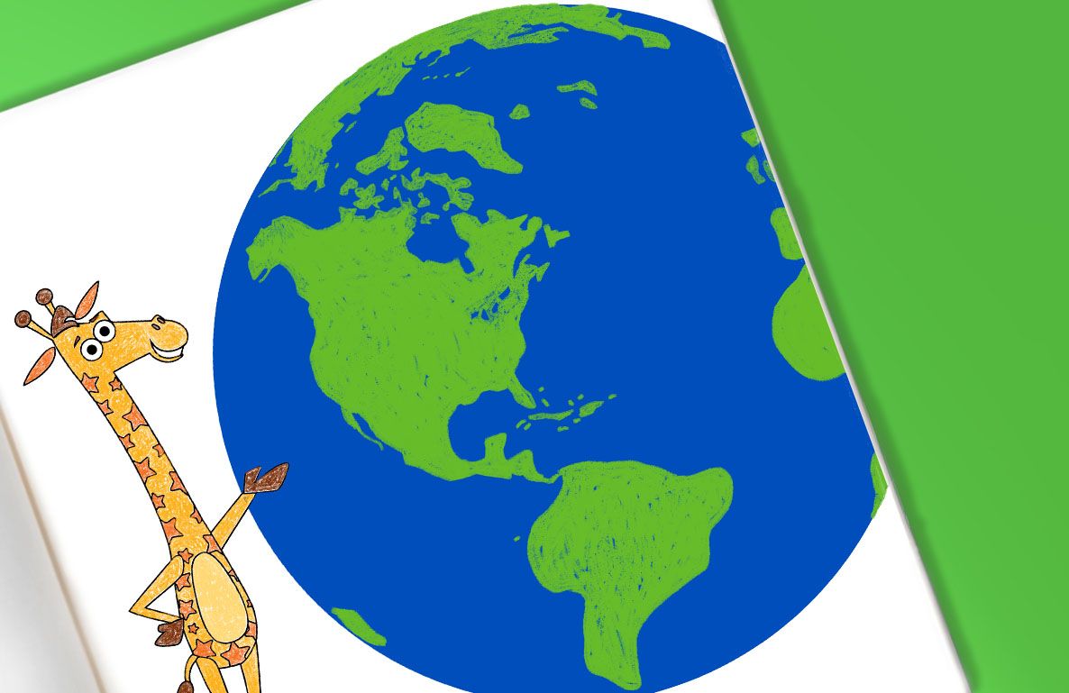 Cartoon giraffe pointing at a globe showing Earth with green continents and blue oceans