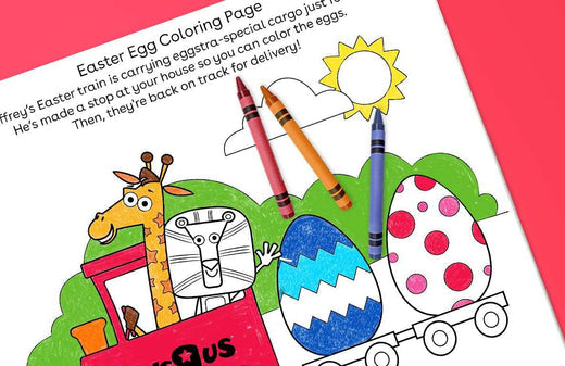 Easter Egg Coloring Page featuring a giraffe, circus tent, decorated eggs, and markers ready to color
