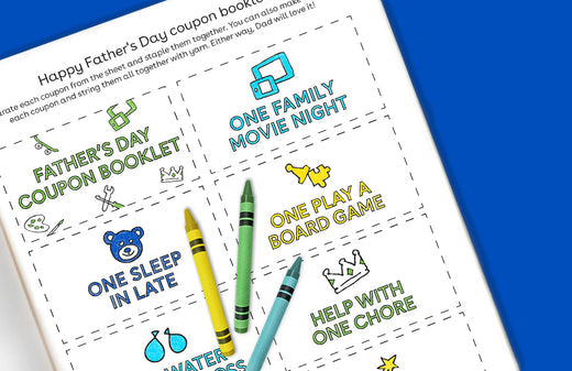 Printable Father's Day coupon booklet with tear-off coupons including "One Family Movie Night", "One Play a Board Game", "Help with One Chore", and "One Sleep I