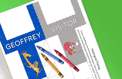 Super Bowl-themed printable activity page with visitor badge, Geoffrey giraffe illustration, colored pencils, and crayons on green background