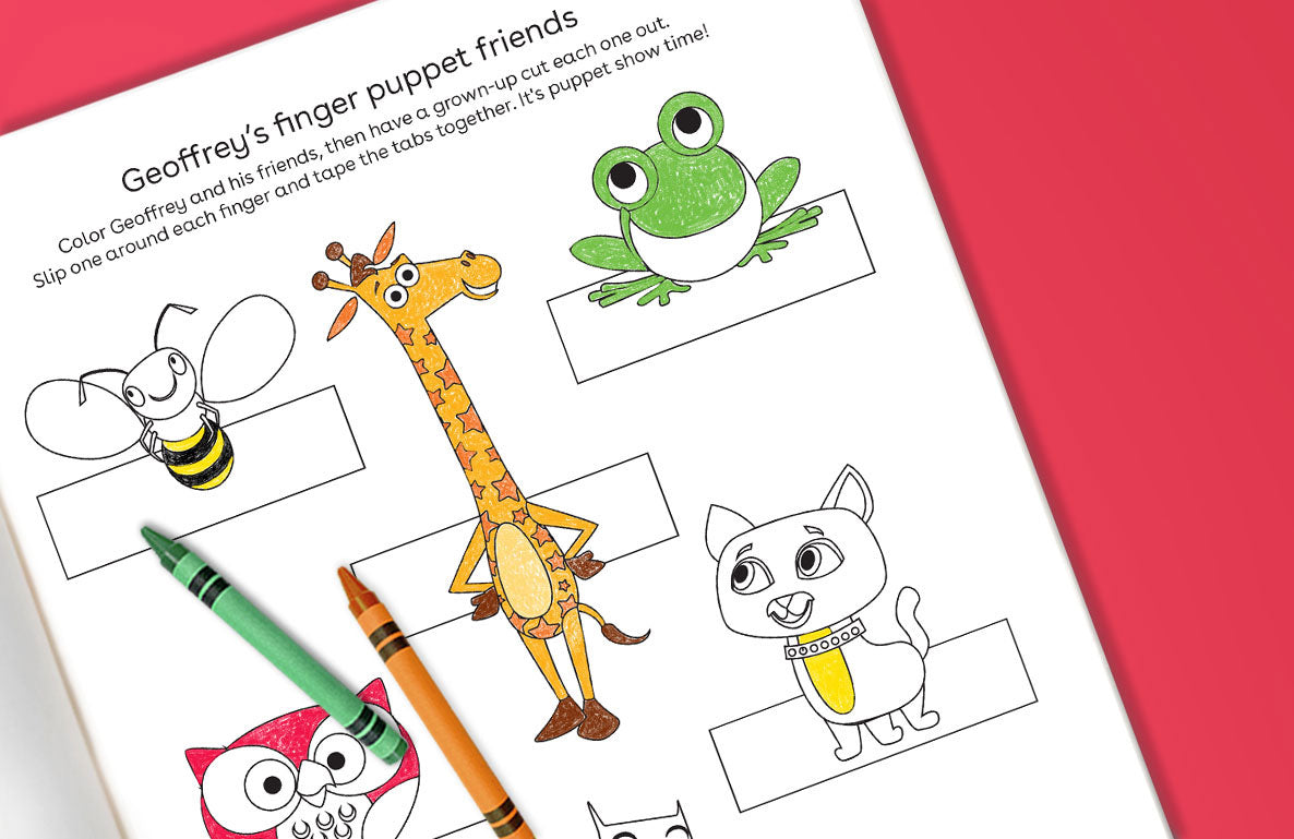 Coloring page with instructions for Geoffrey's finger puppet friends craft. Illustrated characters include a bee, giraffe, green frog, white cat with yellow col