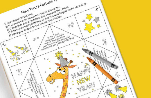 New Year's fortune teller printable activity sheet with numbered sections, illustrated giraffe, stars, and party horns on yellow background