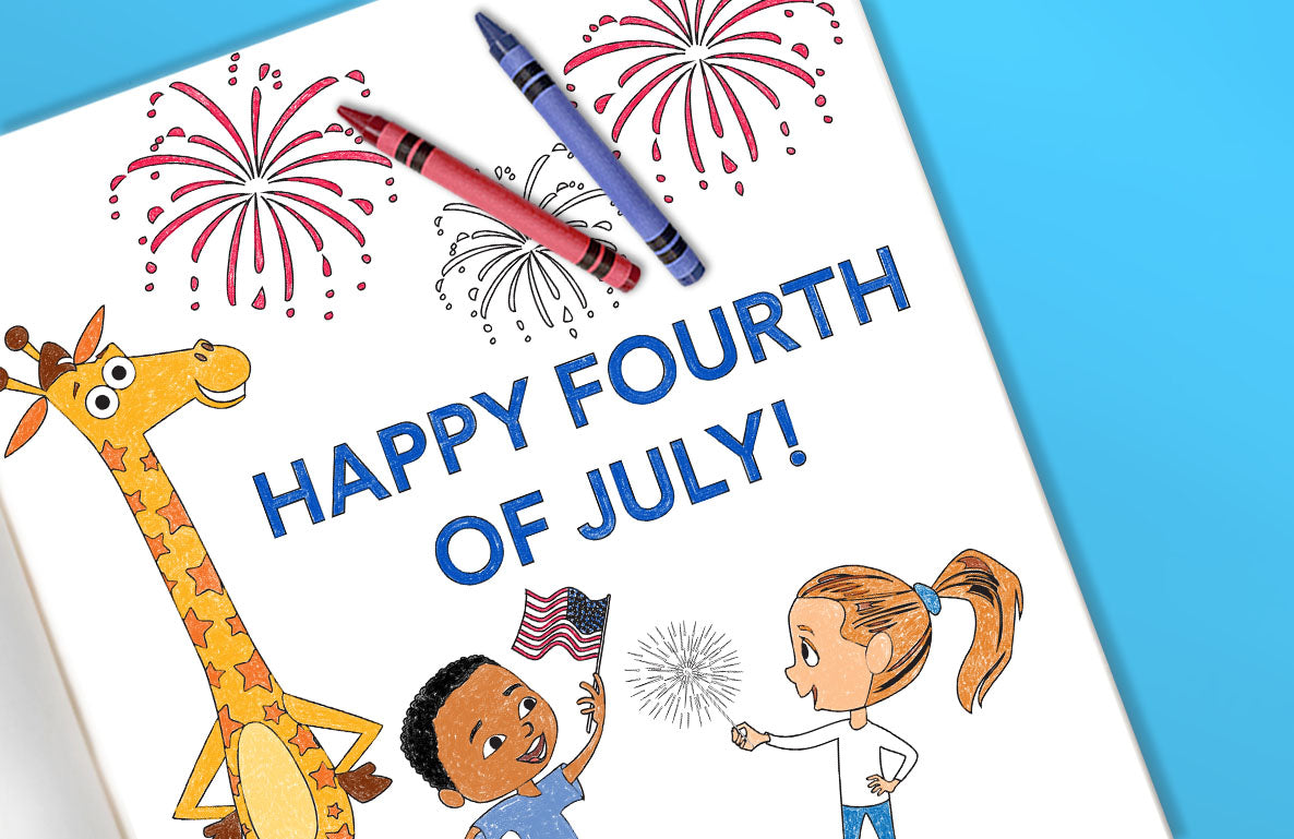 HAPPY FOURTH OF JULY! Coloring page with illustrated giraffe, children, American flag, fireworks, and crayons on white paper with blue background