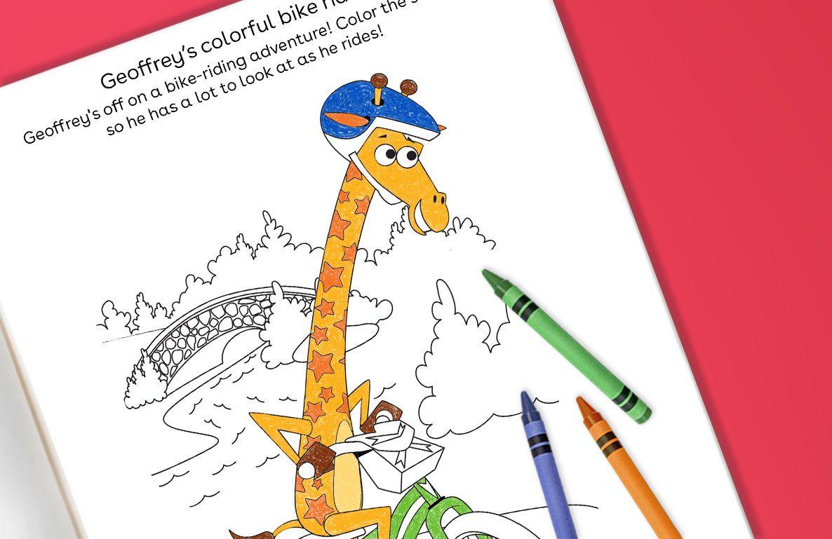 Geoffrey's colorful bike ride coloring page with giraffe character wearing blue helmet on bike, surrounded by bushes and clouds, with green, blue, and orange cr