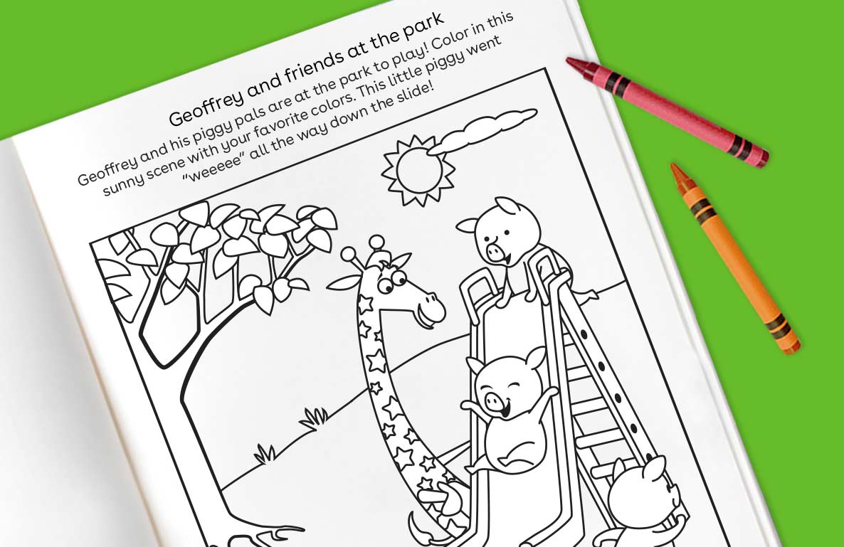 Coloring page featuring Geoffrey the giraffe and piggy pals at a park with a tree, sun, and slide