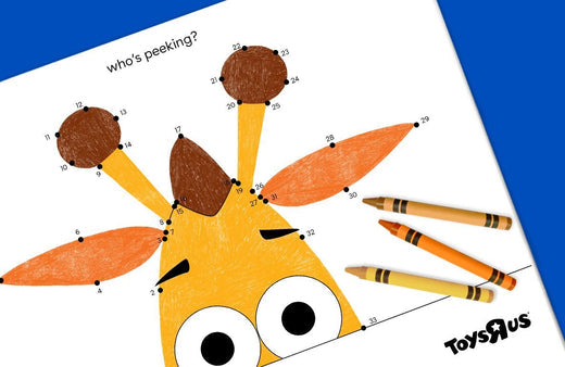 Connect-the-dots activity page featuring a yellow bird with brown pom-pom feathers, orange wings, and crayons, with text 'Who's peeking?' and Toys R Us logo