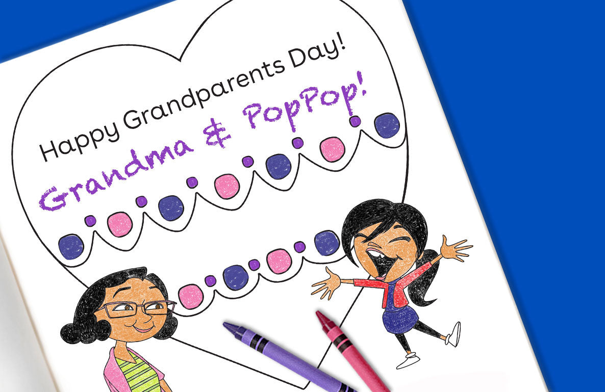 Happy Grandparents Day! Grandma & PopPop! greeting card with illustrated grandmother and granddaughter, beaded necklace design, and purple and pink crayons
