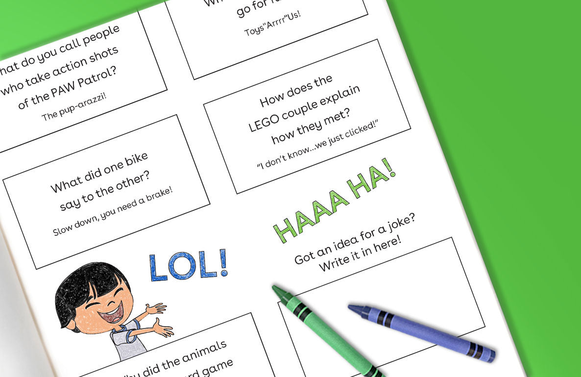 Printable joke cards with jokes and a child's illustration, green and blue crayons on bright green background