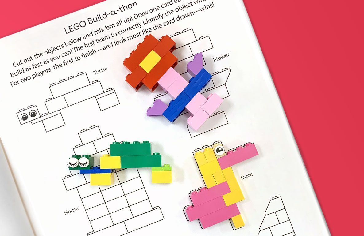 LEGO Build-a-thon game instructions showing colorful brick constructions of a turtle, flower, house, and duck with blank card slots to identify each object