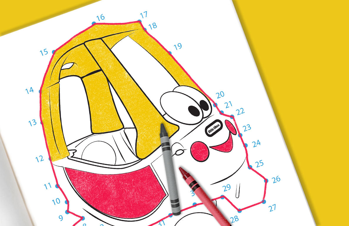 Printable coloring page of Little Tikes Cozy Coupe with numbered sections, partially colored with crayons