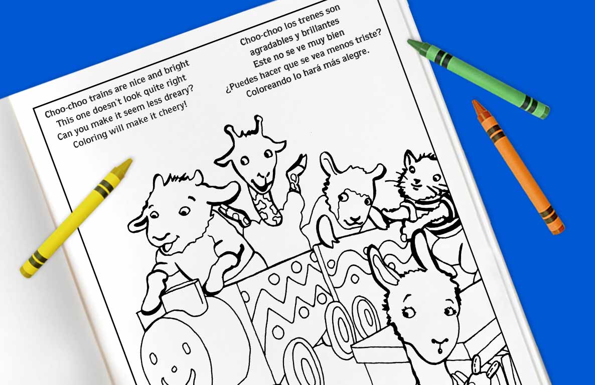 Coloring book page with Choo-choo trains and cartoon goats pulling a decorated train car, with yellow, green, and orange crayons on a blue background