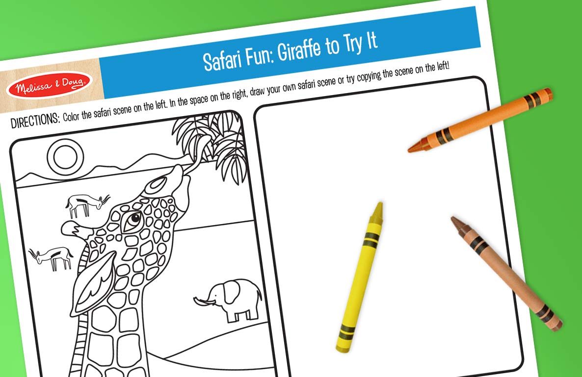 Safari Fun: Giraffe to Try It coloring and drawing activity sheet by Melissa & Doug, with blank space to draw and colored crayons on green background