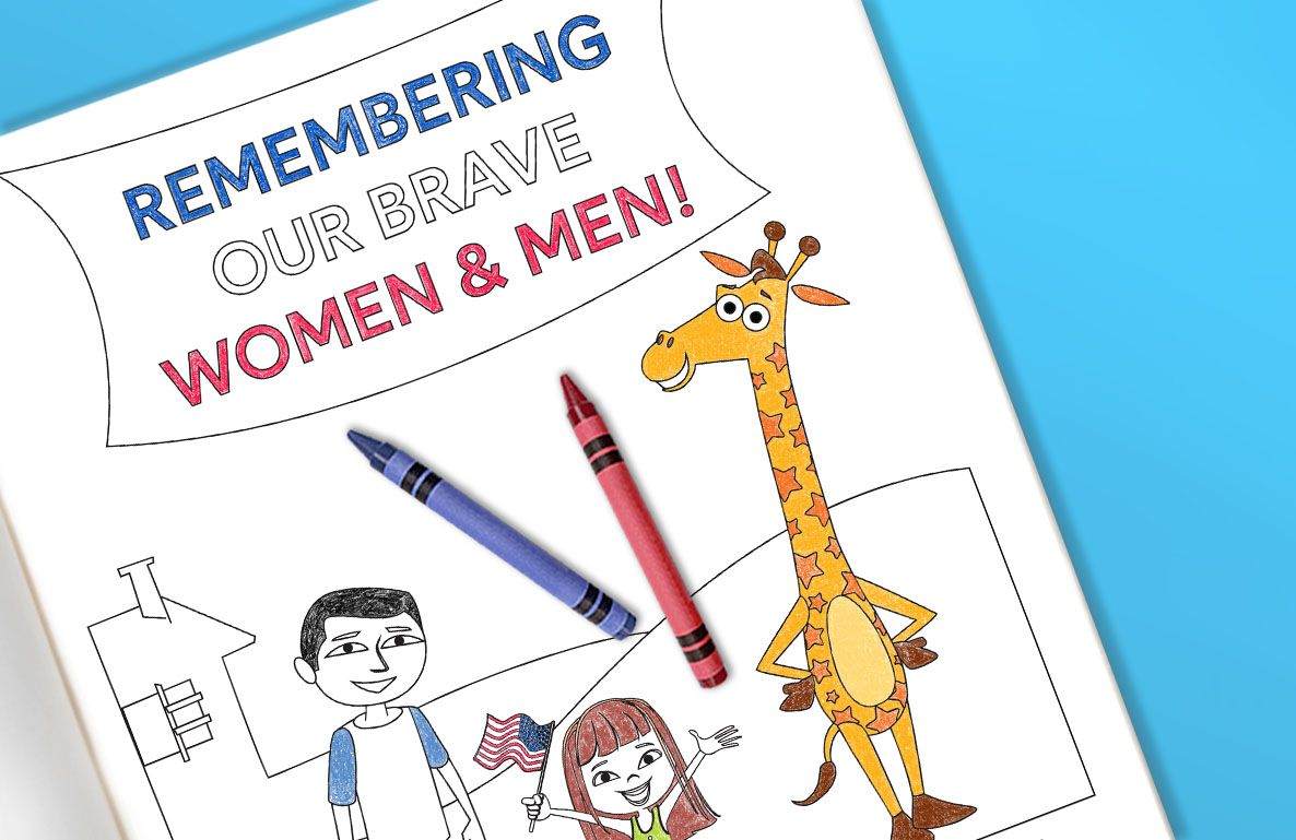 Remembering Our Brave Women & Men coloring sheet with illustrated giraffe, children, American flag, and crayons on blue background