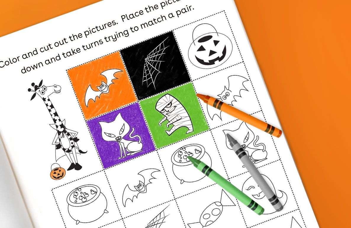 Halloween-themed matching game printable page with colored and uncolored picture squares featuring bat, pumpkin, spider web, mummy, witch, cauldron, and potion