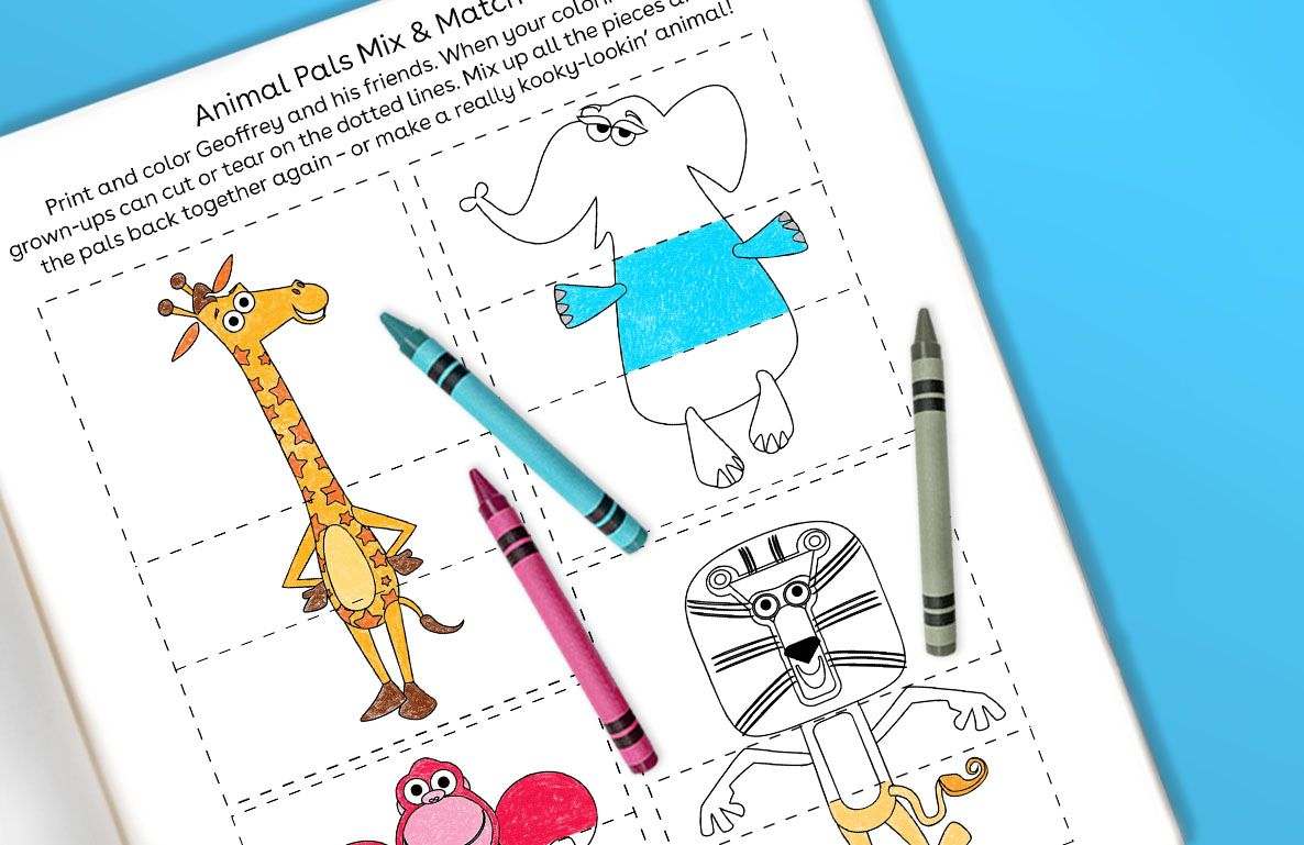 Animal Pals Mix & Match printable coloring activity with instructions to print, color, and cut out Geoffrey the giraffe and friends, then mix pieces together fo