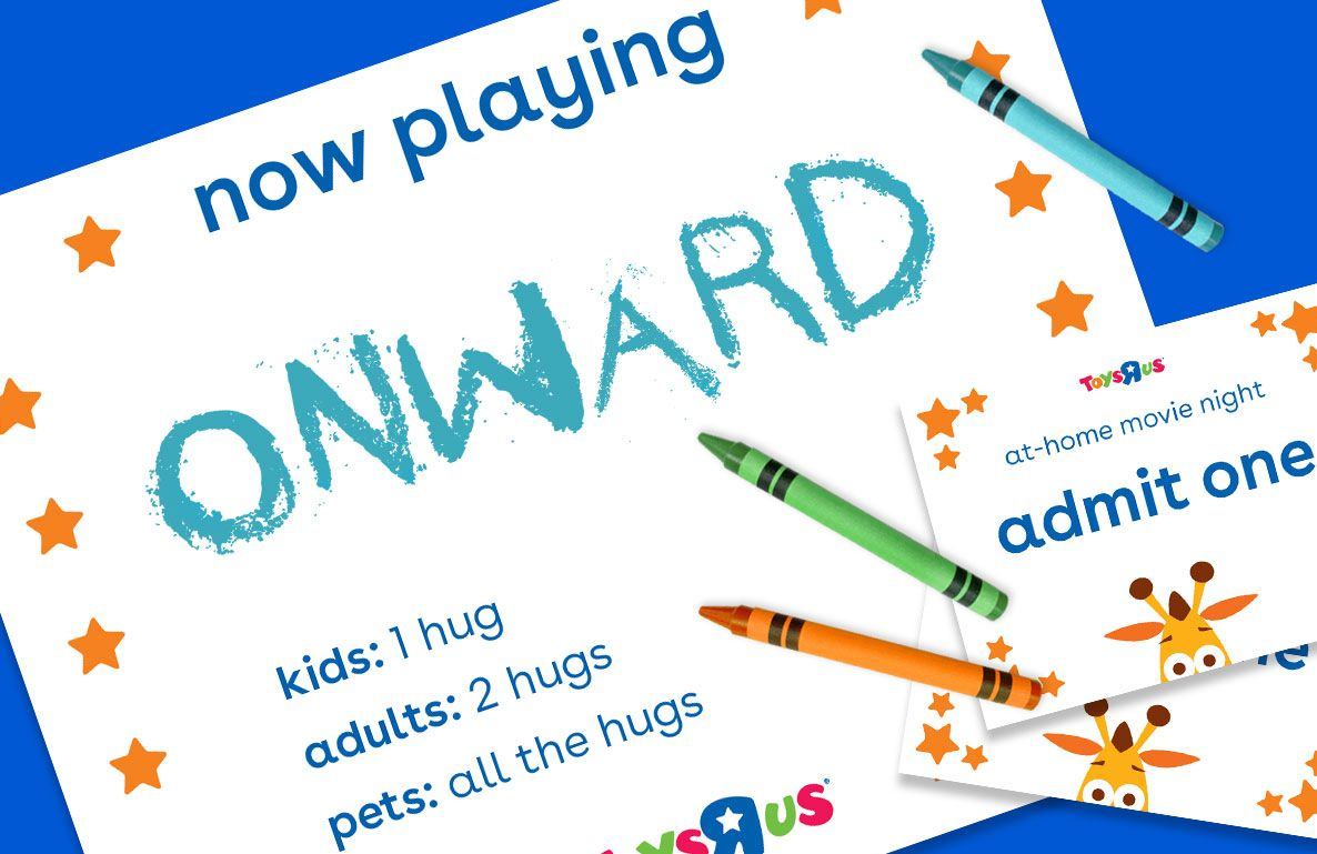 now playing ONWARD at-home movie night admit one kids: 1 hug adults: 2 hugs pets: all the hugs with crayons and stars on blue background