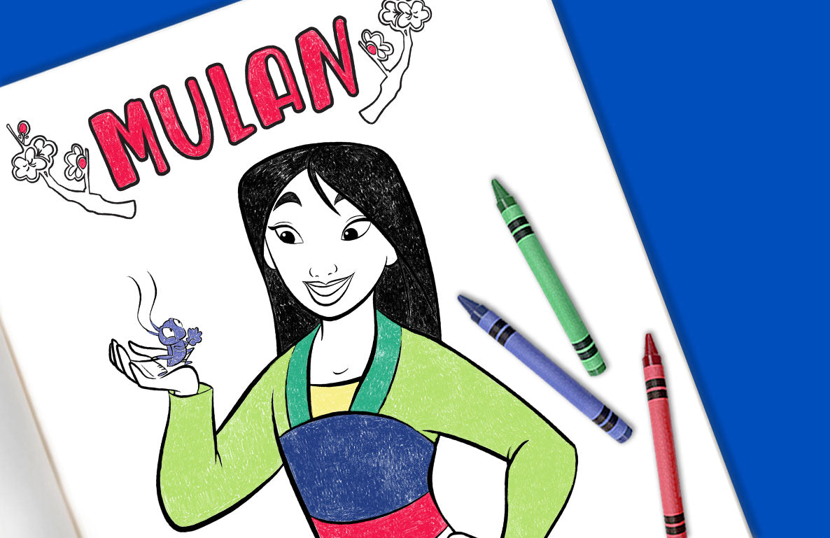 Mulan coloring page with printed illustration of the character in green and blue outfit holding a tiny dragon, surrounded by flowers, with colored crayons on th