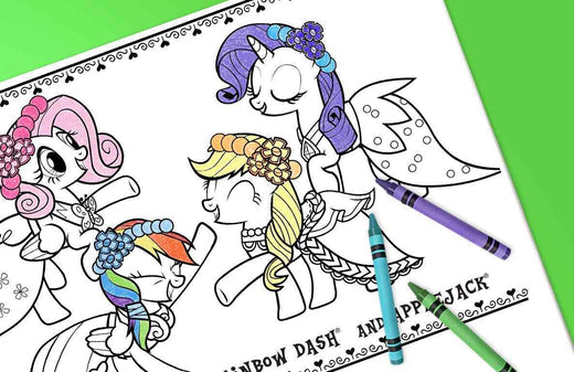 My Little Pony coloring page with pony characters and markers, featuring rainbow-colored designs and blank areas ready to color