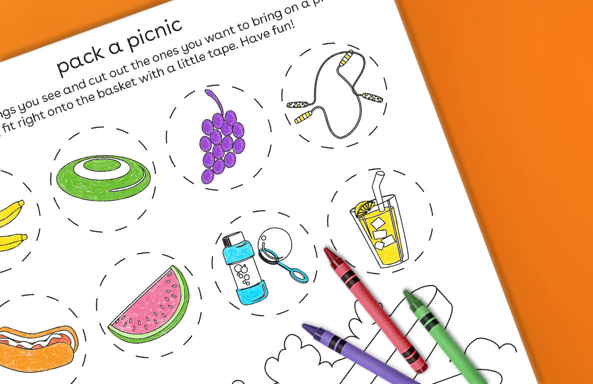 Printable activity page with picnic-themed illustrations including watermelon, grapes, banana, juice box, and utensils outlined with dashed lines, instructions
