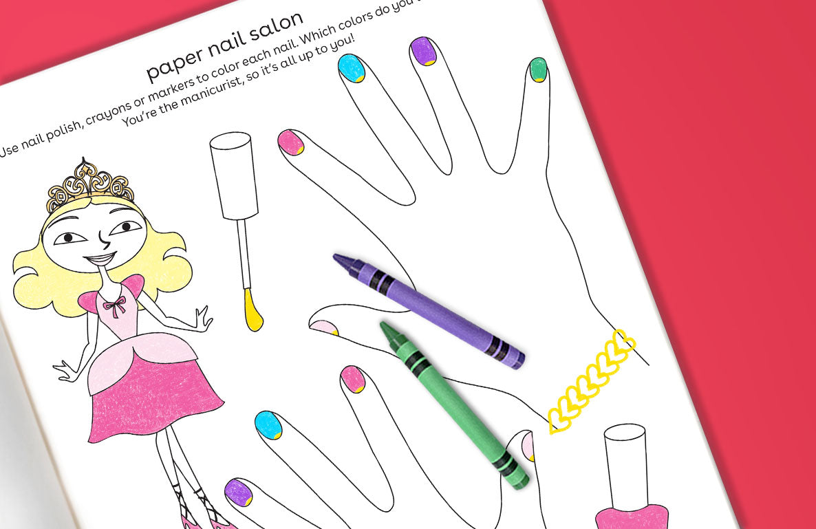 Paper nail salon printable activity page with illustrated character, nail polish bottles, crayons, and outlined finger templates to color