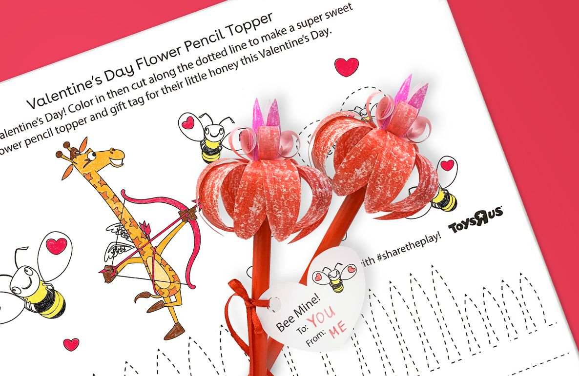 Valentine's Day Flower Pencil Topper printable craft showing red flower-shaped toppers with pink petals, bees with heart balloons, a giraffe, and gift tag text