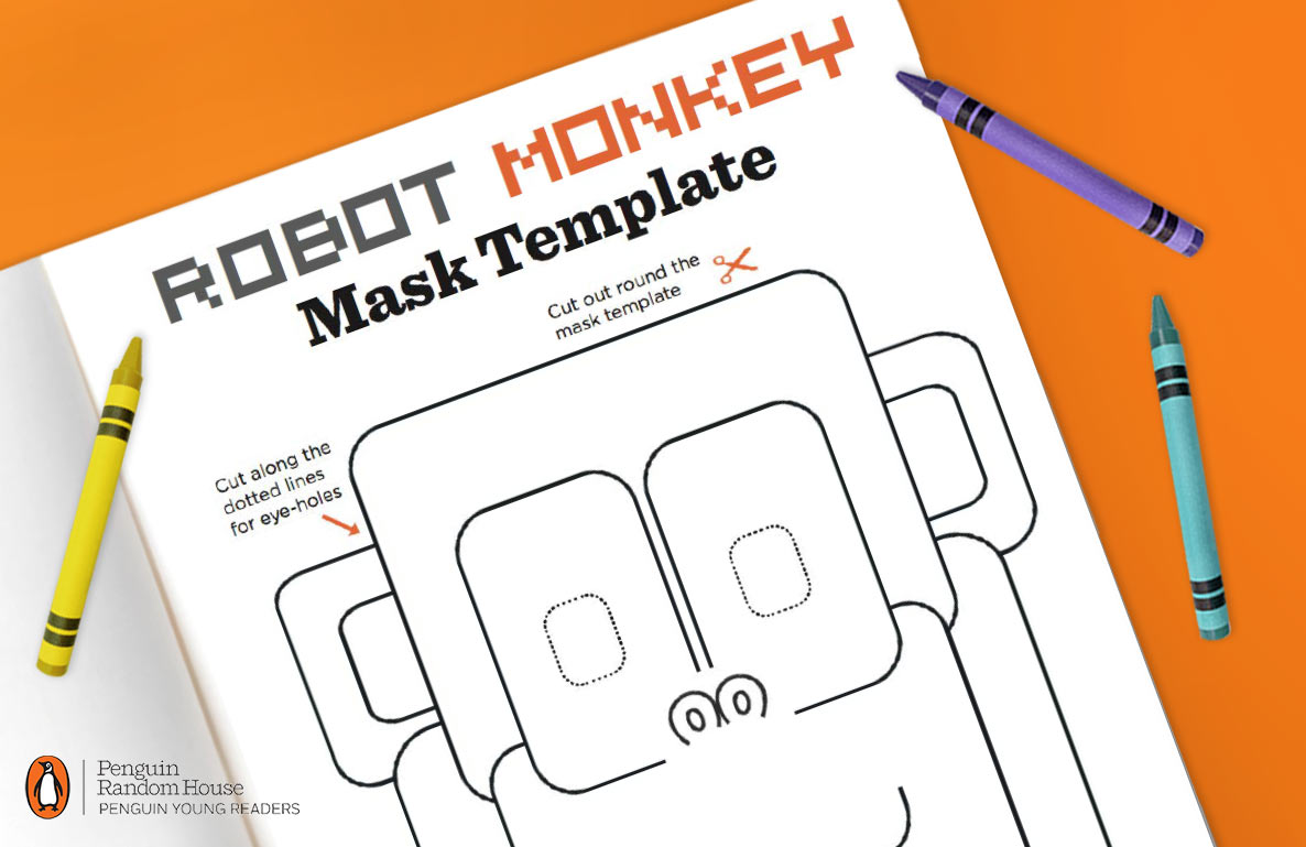 Robot Monkey Mask Template printable sheet with cut-out instructions, crayons, and orange background