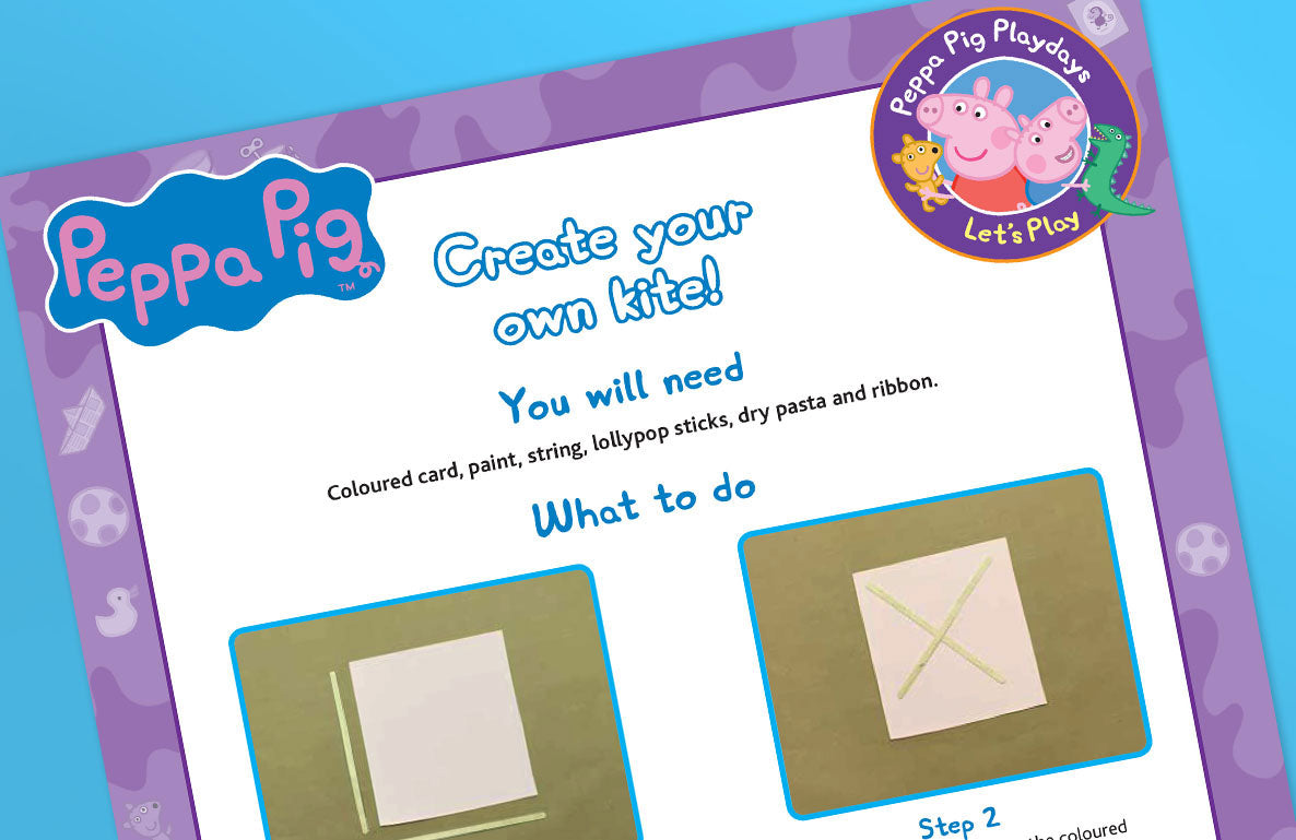 Peppa Pig Playdays kite craft instruction card showing materials needed and step-by-step directions for creating a paper kite with string and ribbon