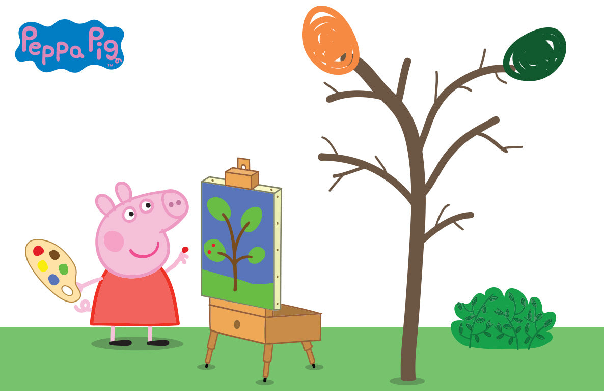 Peppa Pig holding a paintbrush and palette, standing next to an easel with a painted tree, with a bare tree and bush in a grassy outdoor scene