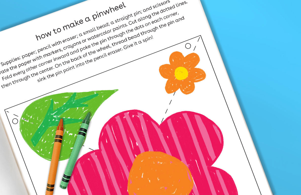 Blog article page showing instructions and illustrations for making a paper pinwheel craft, with colored pencils and drawn flowers on a blue background