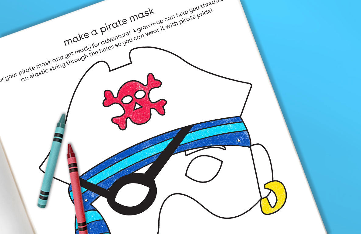 Printable pirate mask craft activity with red skull and crossbones design, blue eye patch, and yellow earring, partially colored with crayons on white paper aga