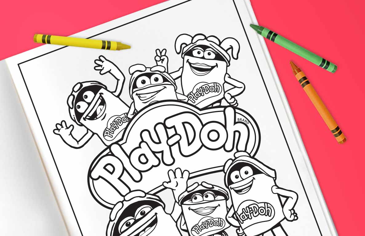 Play-Doh coloring page with cartoon characters and logo, surrounded by yellow, green, and orange crayons on pink background