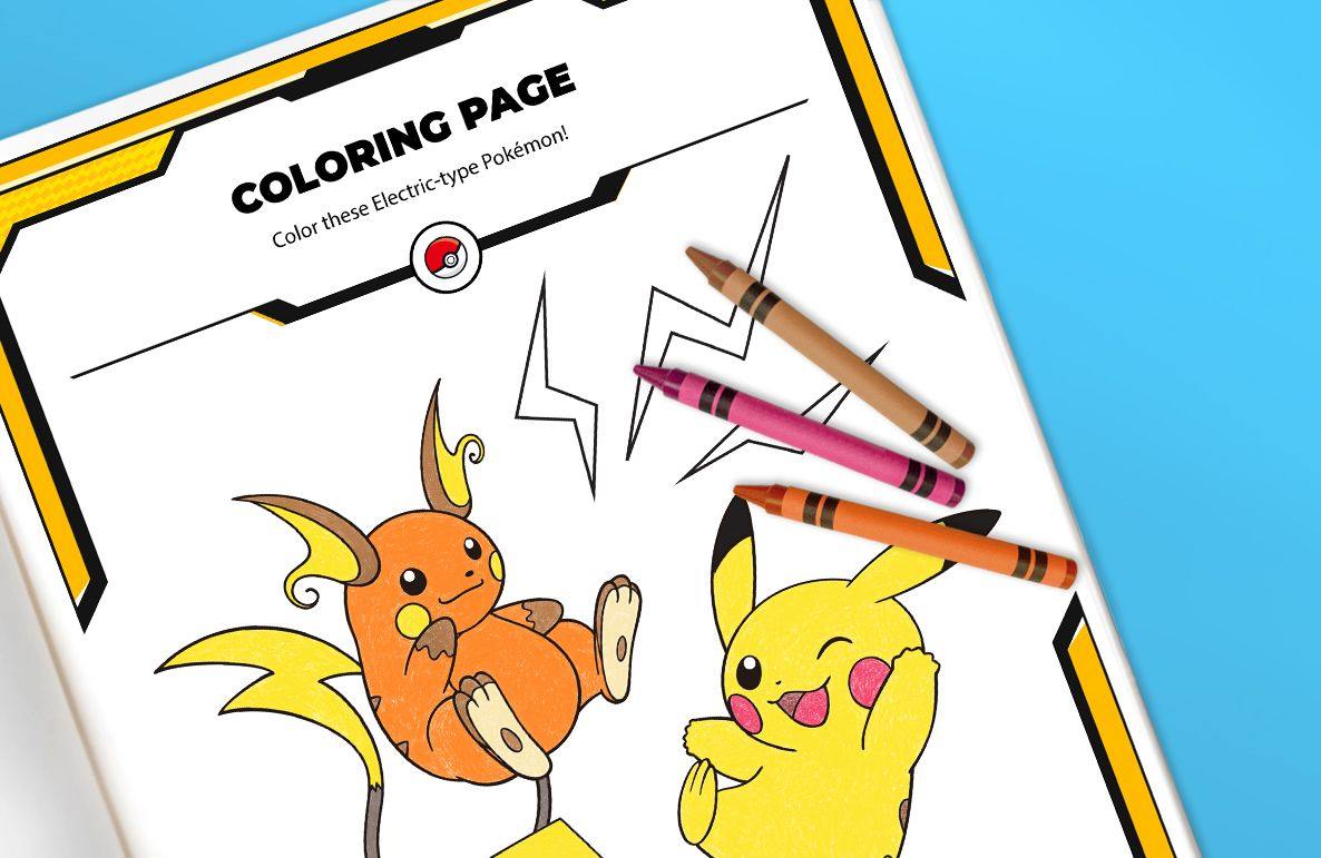 Pokémon coloring page with Pikachu and Raichu outlined for coloring, three crayons nearby on blue background