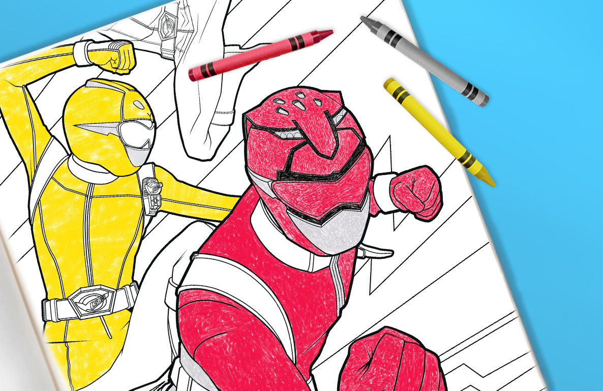Power Rangers coloring page with yellow and red ranger characters outlined in black, partially colored with crayons on blue background