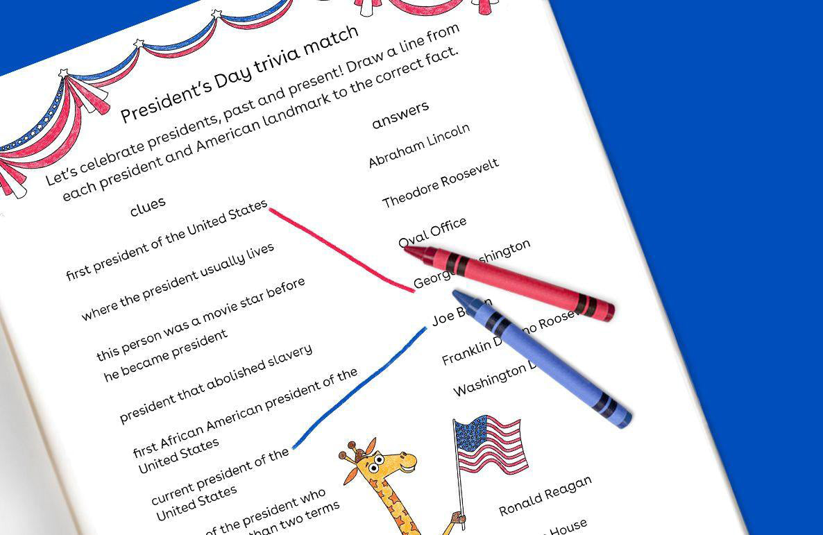President's Day trivia match activity page with clues on left and answers on right, red and blue crayons drawn on page, American flag and giraffe illustrations,