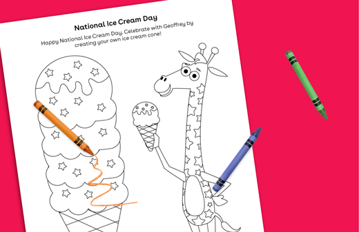 National Ice Cream Day coloring page with ice cream cone and giraffe holding ice cream, surrounded by crayons on pink background