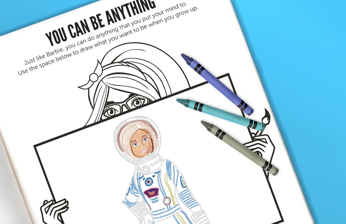 Barbie coloring page with "You Can Be Anything" text, featuring Barbie in astronaut outfit and fashion illustration to color, with blue, teal, and olive crayons